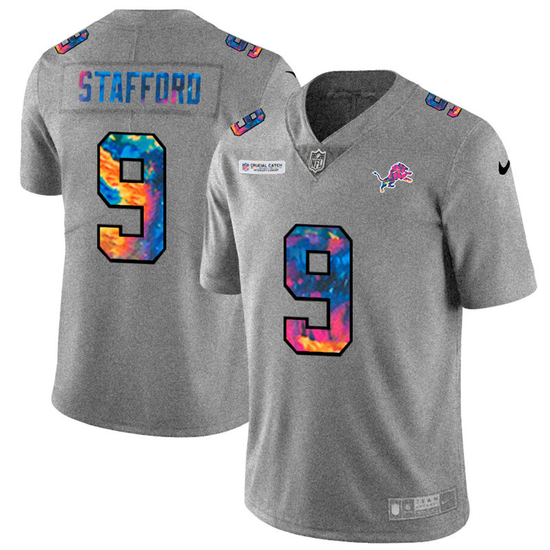 NFL Detroit Lions #9 Matthew Stafford Men Nike MultiColor 2020  Crucial Catch  Jersey Grey